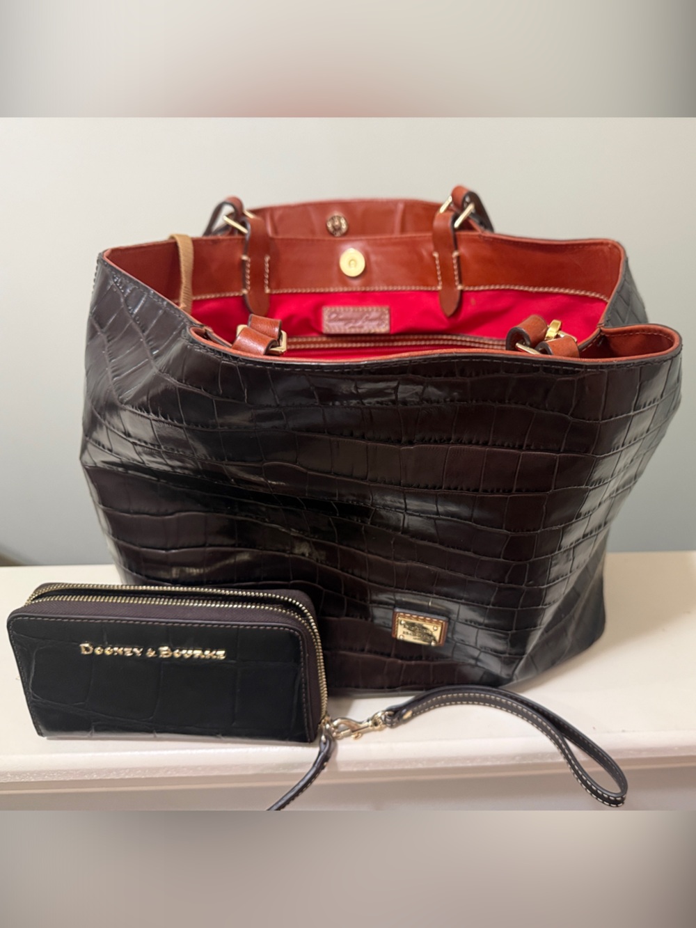 Dooney & Bourke Espresso Croc-Embossed Tote with Red Interior with wallet